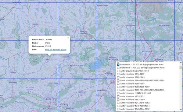 Screenshot Ausschnitt der Geosuche mit aktivierter Checkbox Blattschnitt 1:50.000 und angeklicktem Blattschnitt